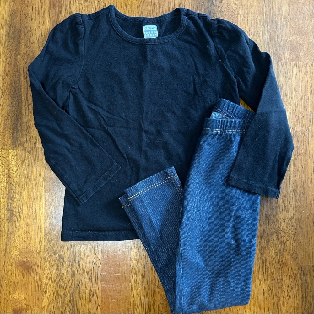 Black Long Sleeve Top + Denim Jeggings Bundle | Girls Size 4T | Toddler Basics